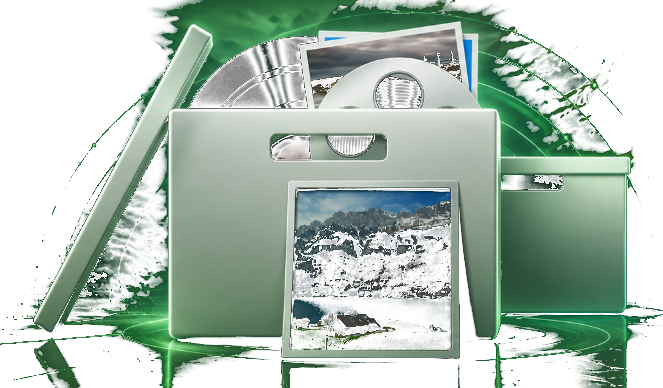 iOS backup archives with photos, music, and documents in storage boxes