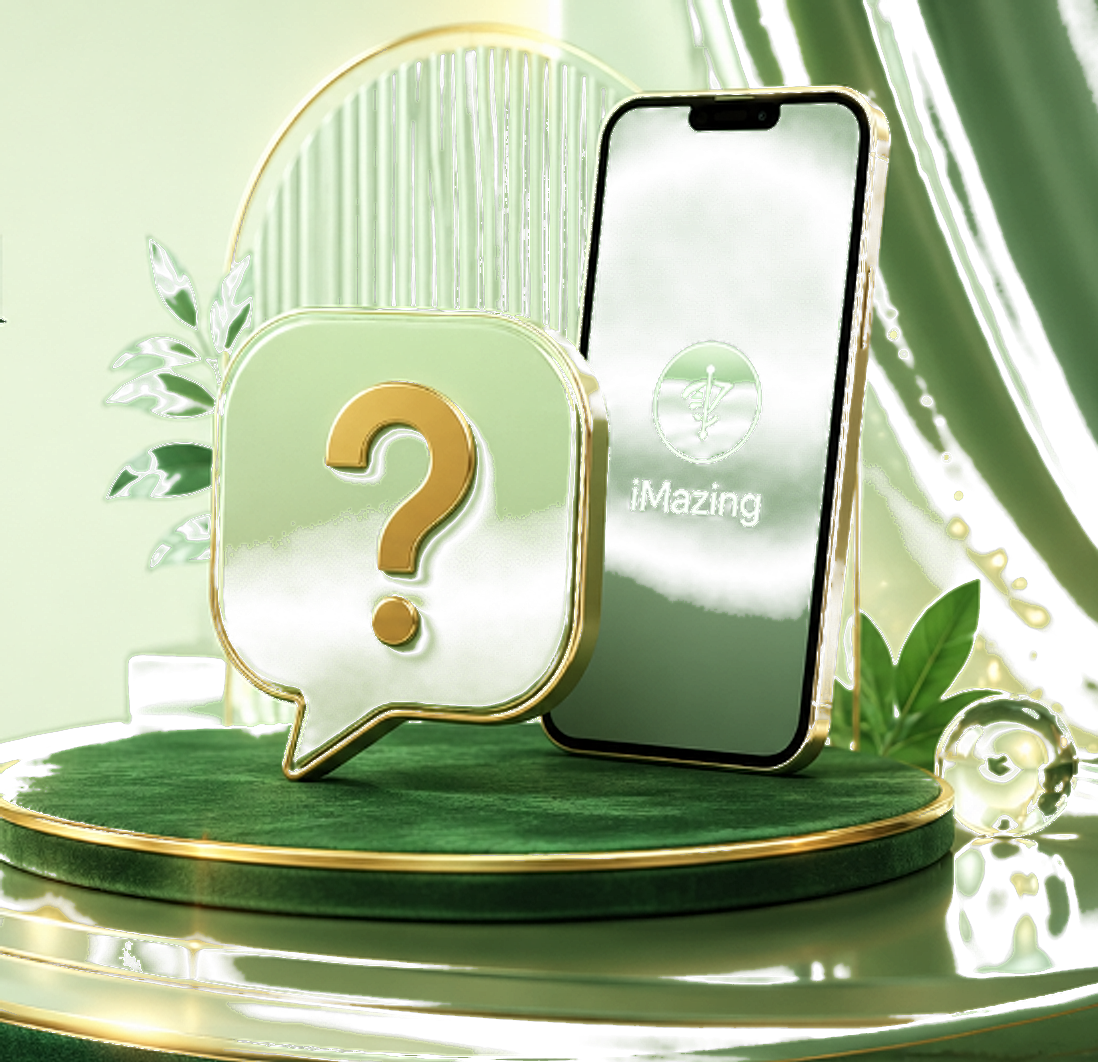 iMazing FAQ help center with iPhone and Mac on a luxury green desk