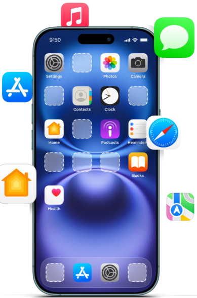 iPhone home screen with app icons for downloads and management
