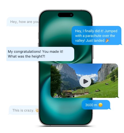 iPhone showing iMessage conversation with photos and video