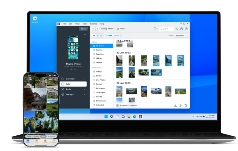 Laptop and iPhone showing photo library sync in iMazing