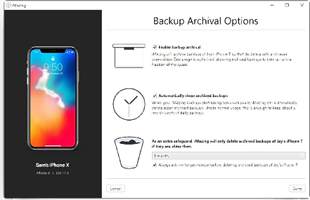iMazing backup archival options with iPhone preview