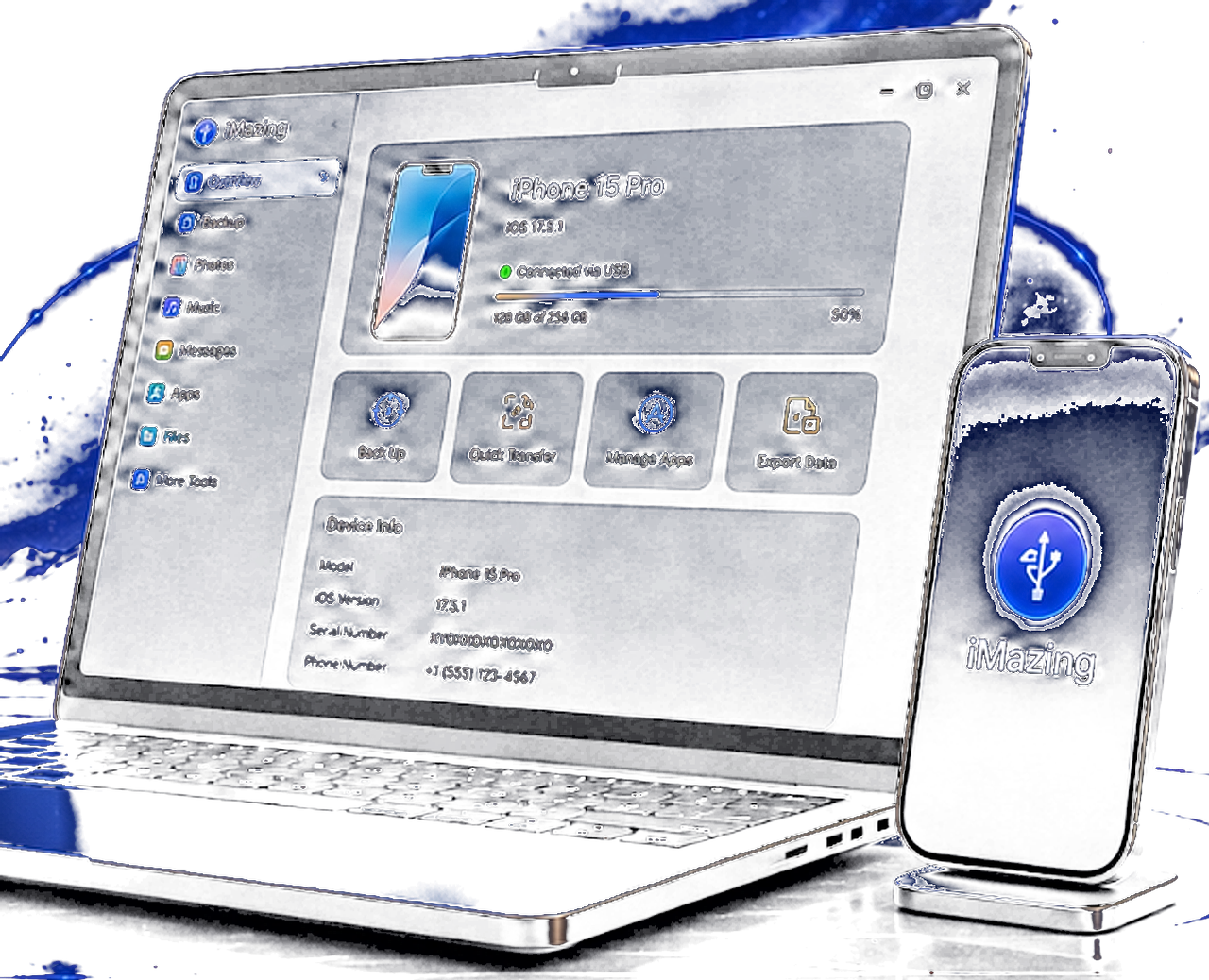 Getting started with iMazing — MacBook and iPhone 15 Pro connected via USB