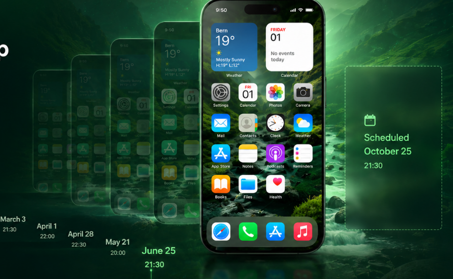 iPhone backup timeline with scheduled backup in a cinematic green valley