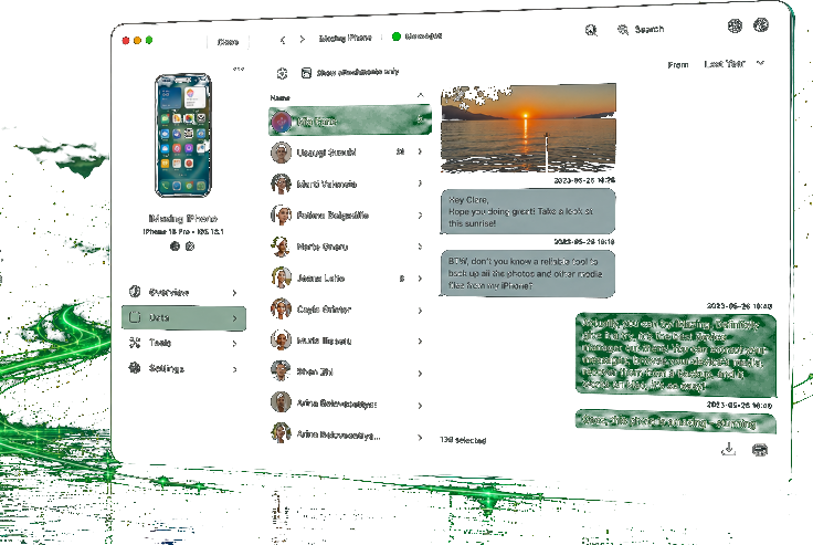 iMazing Messages interface with iPhone, contacts, and chat export